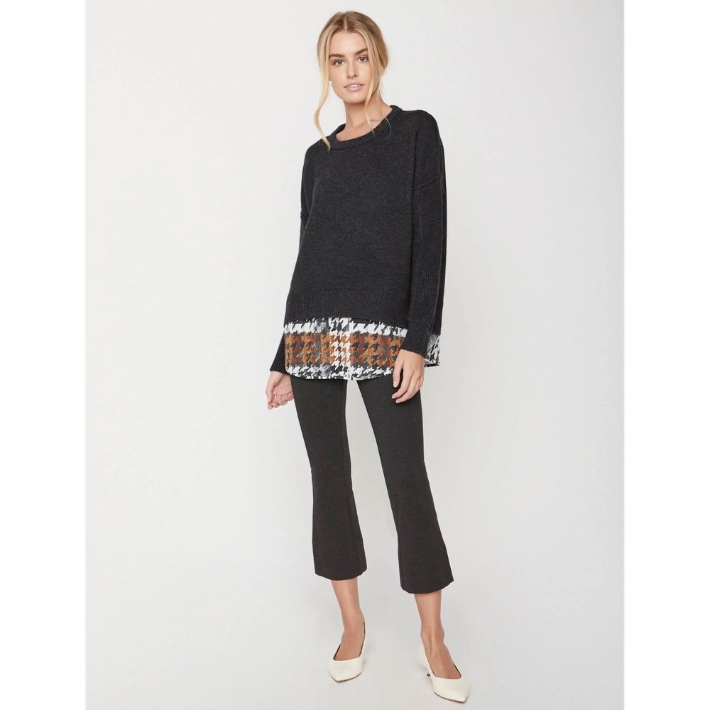 Brochu Walker Layered Houndstooth Wool Cashmere‎ Sweater Gray Sz S